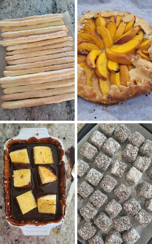 A mix of desserts from ladyfingers on a granite countertop, close up of baked peach galette and dipped sponge cakes in chocolate and coated in coconut.