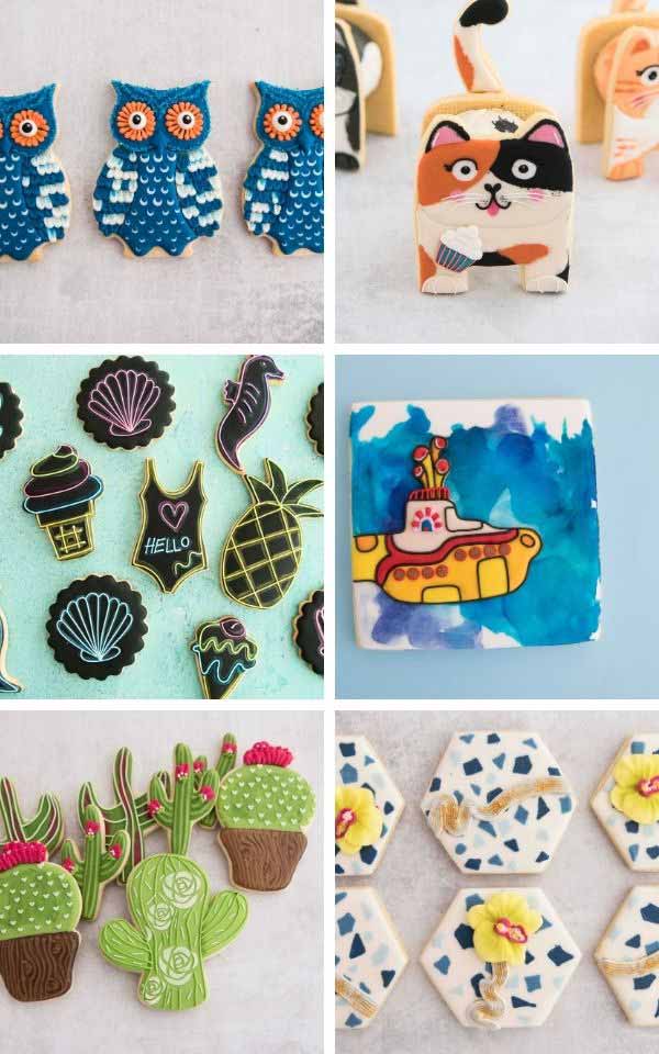 A collage with six different decorated cookies.