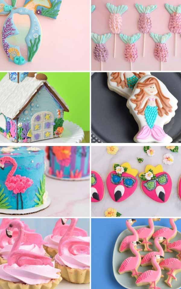 Two sets of decorated cookies inspired by flamingos and mermaids.