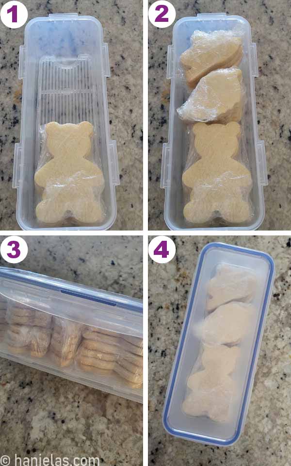 A large rectangular container filled with different cut out cookie shapes.