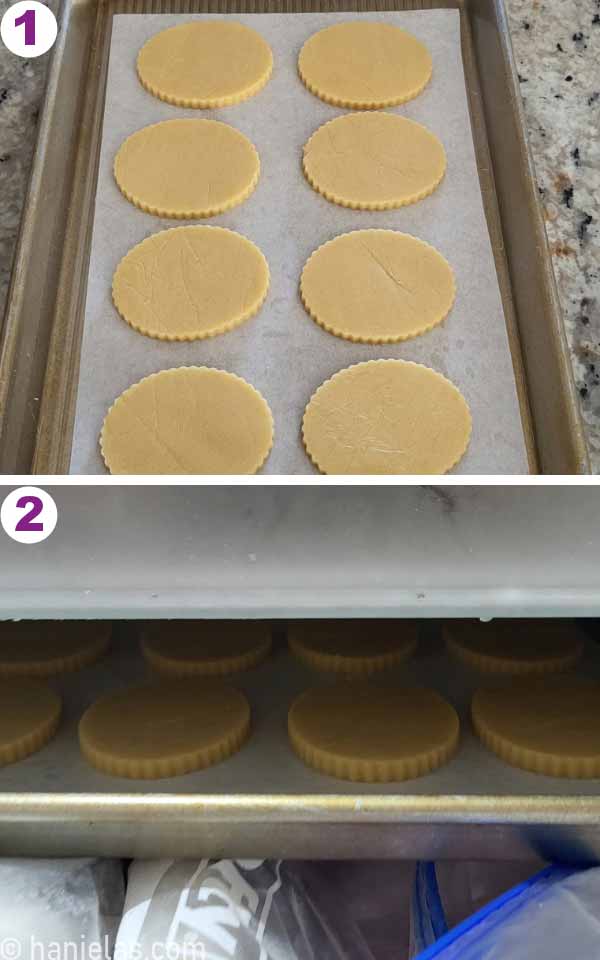 A view into the freezer, showing unbaked cut out cookies on a baking sheet lined with parchment.