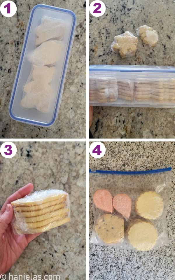 Plastic containers and ziploc bags filled with cut out cookies.