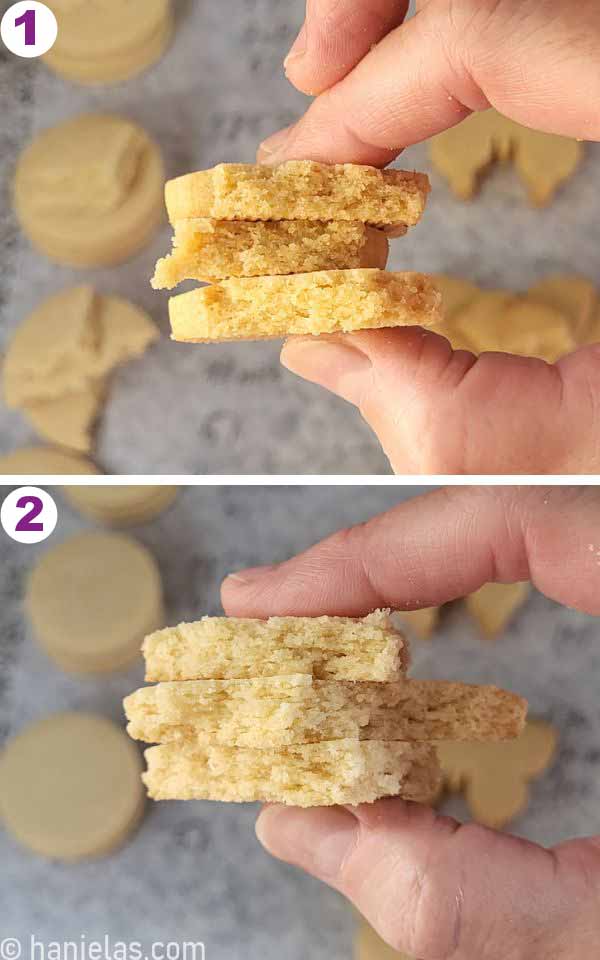 Human fingers holding a broken cookies showing the texture.