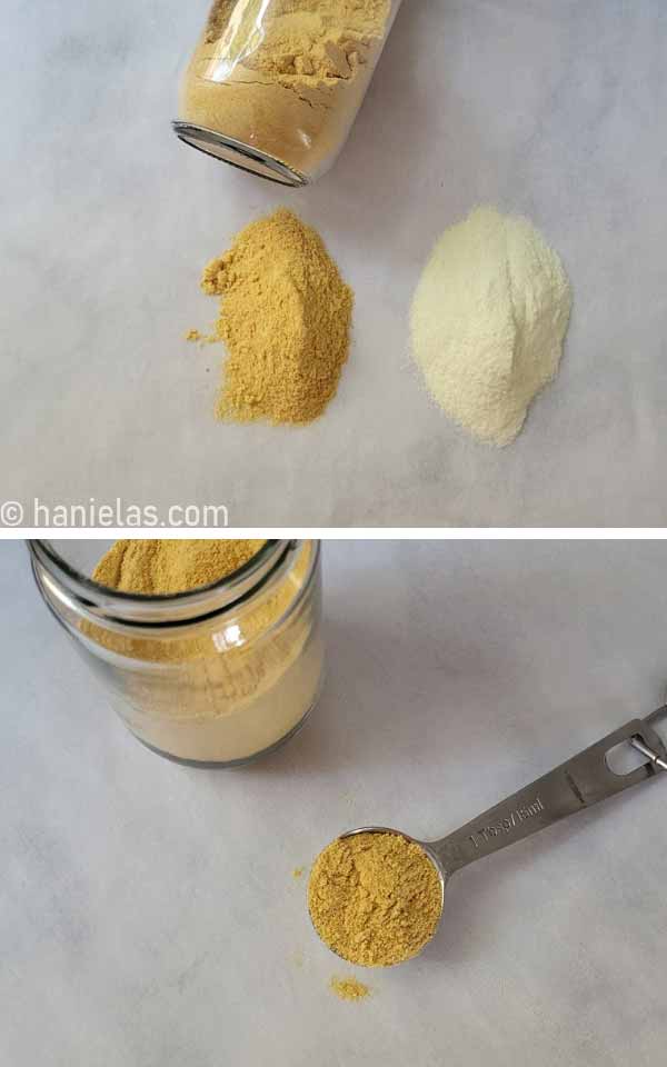 A tablespoon filled with toasted milk powder.