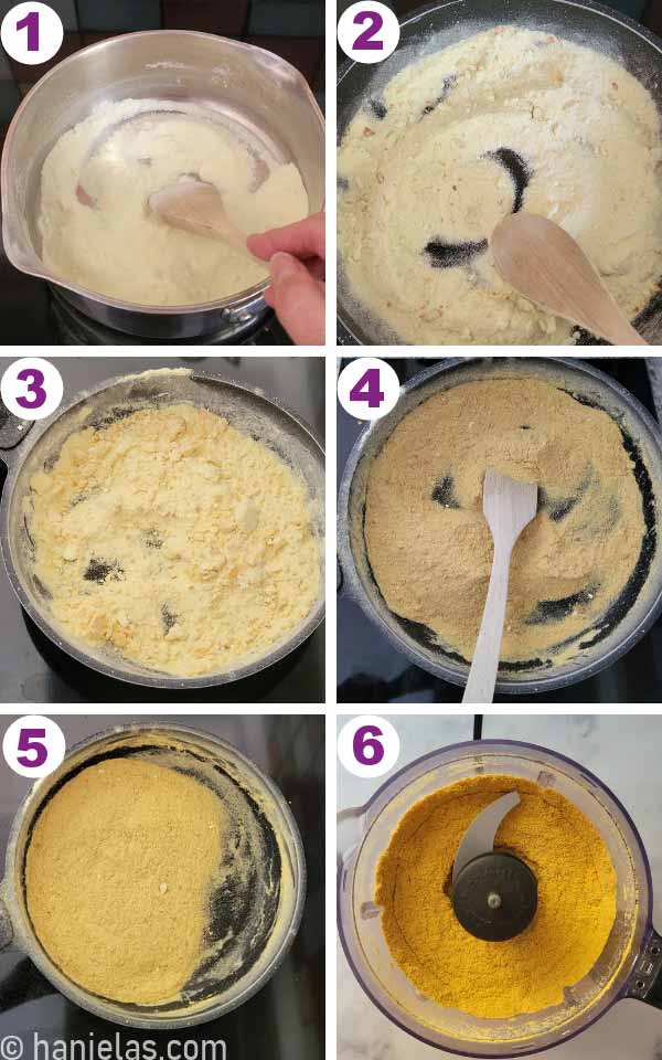 A skillet with toasted milk powder.