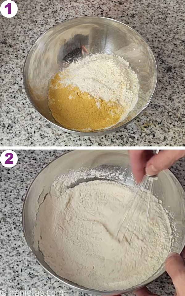 A stainless steel bowl with flour and toasted milk powder.